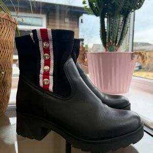 Chic Black Ankle Boots with Red and White Accents